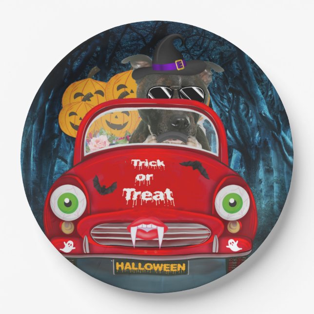 Staffordshire Dog Driving Car Scary Halloween Paper Plates (Front)