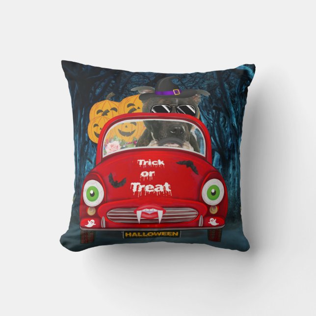 Staffordshire Dog Driving Car Scary Halloween  Throw Pillow (Front)