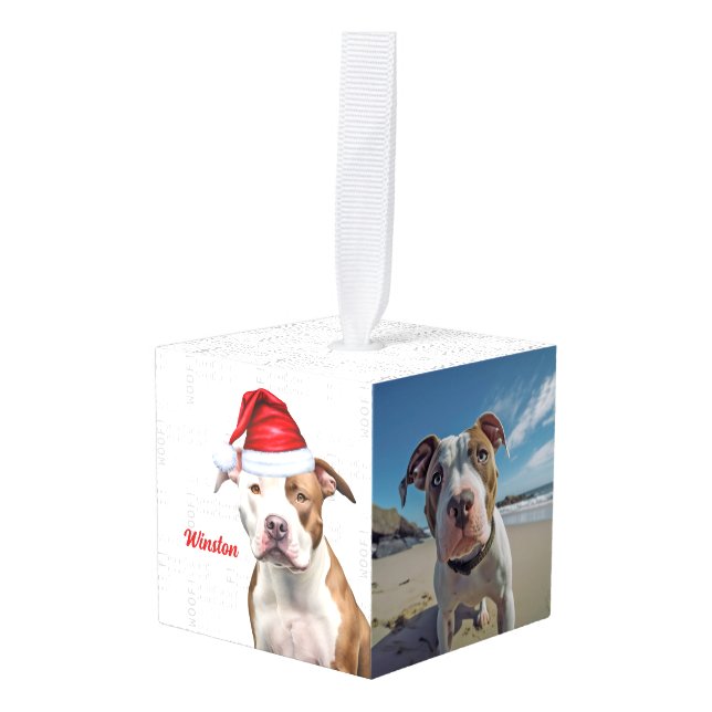 Staffordshire Dog Two Photo Christmas Holiday Cube Ornament (Front Angled)
