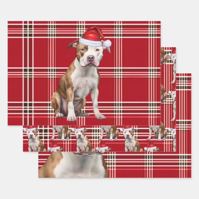 Staffordshire Terrier Christmas Dog Red Plaid Wrapping Paper Sheets (Set)