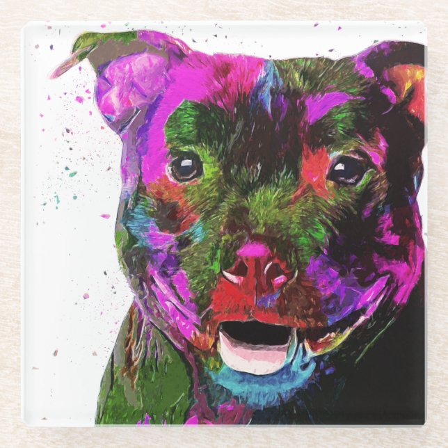 Staffordshire Terrier Colorful Pop Art Glass Coaster (Front)