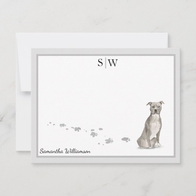 Staffordshire Terrier Gray Border Monogram Custom Note Card (Front)