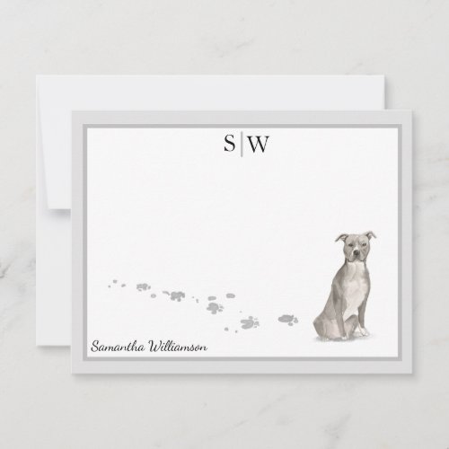 Staffordshire Terrier Gray Border Monogram Custom Note Card