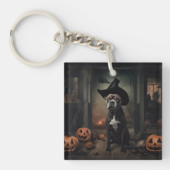 Staffordshire Terrier Pumpkins Halloween Scary  Keychain (Front)