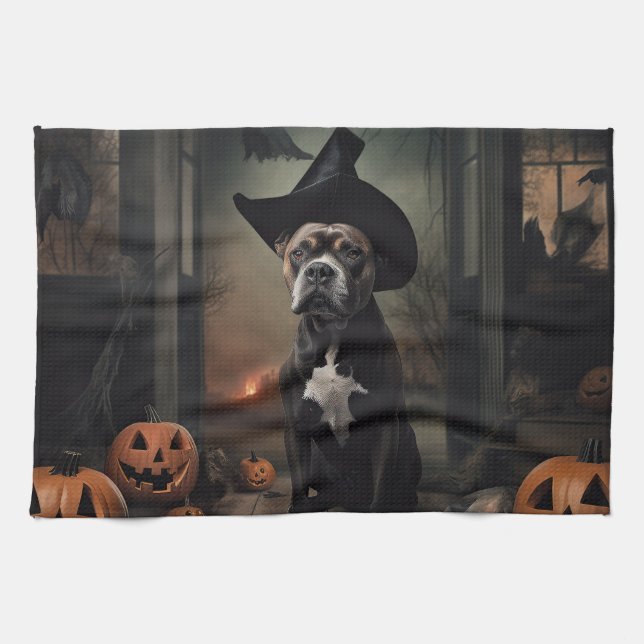 Staffordshire Terrier Pumpkins Halloween Scary  Kitchen Towel (Horizontal)