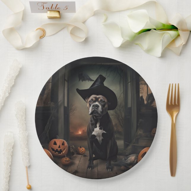 Staffordshire Terrier Pumpkins Halloween Scary  Paper Plates (Wedding)