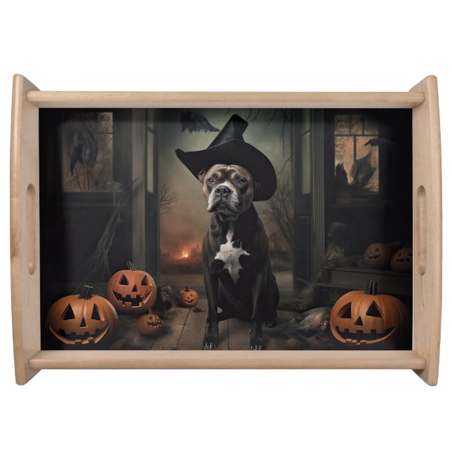 Staffordshire Terrier Pumpkins Halloween Scary  Serving Tray (Front)