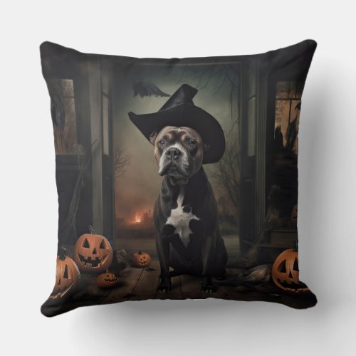 Staffordshire Terrier Pumpkins Halloween Scary  Throw Pillow