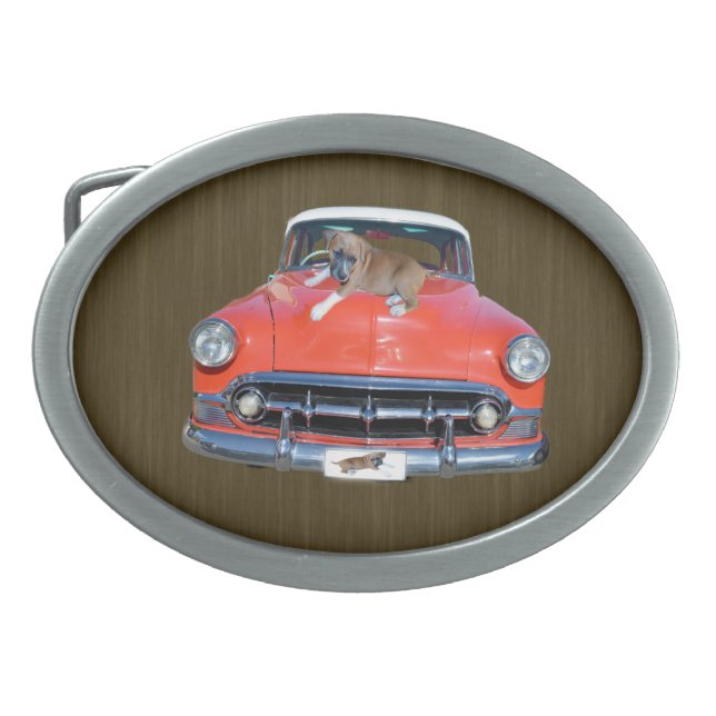 Staffy Puppy On A Car, Belt Buckle (Front)