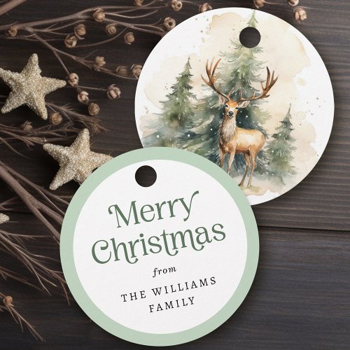 Stag and Christmas trees watercolor Favor Tags