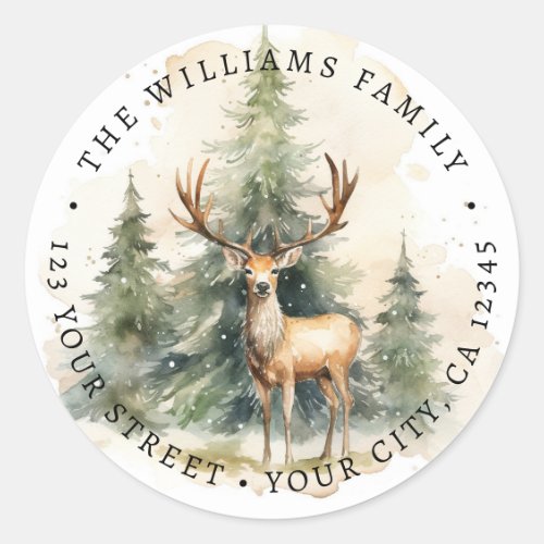 Stag and Christmas trees watercolor return address Classic Round Sticker