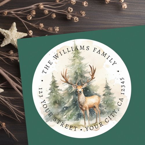 Stag and Christmas trees watercolor return address Classic Round Sticker