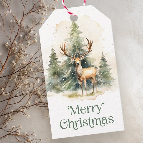Stag and Christmas trees watercolor to from Gift Tags