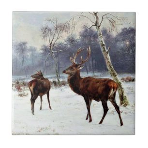 Stag and Doe in a Snowy Landscape Ceramic Tile