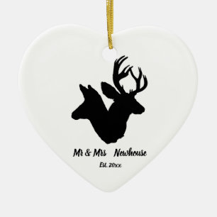 Stag and Doe Silhouette, Add name and date Ceramic Ornament