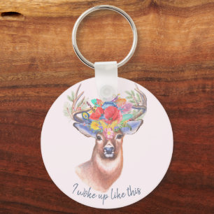 Stag and Flower Crown Funny Woke up Like This Keychain