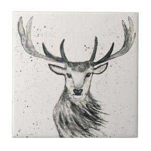 Stag animal vintage black and white Wildlife Ceramic Tile