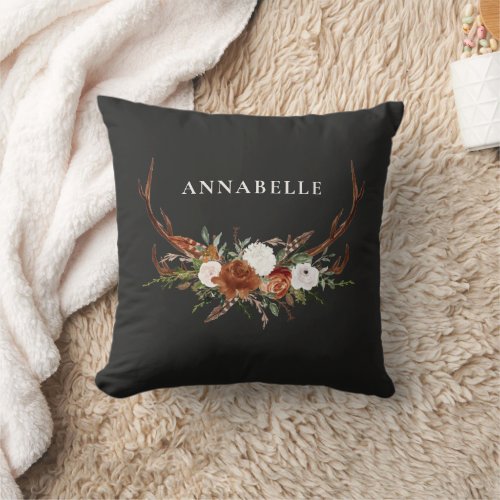 Stag antler terracotta black botanical floral throw pillow