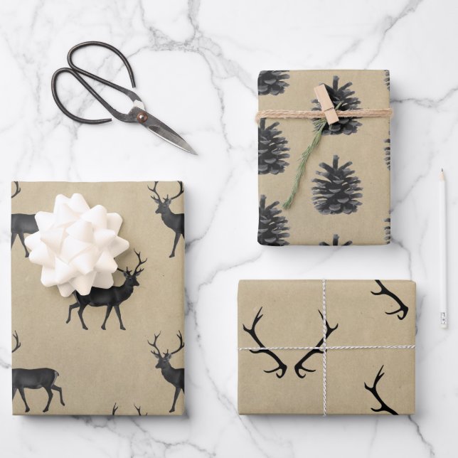 Stag,  antlers, fir trees on a stone background wrapping paper sheets (Front)