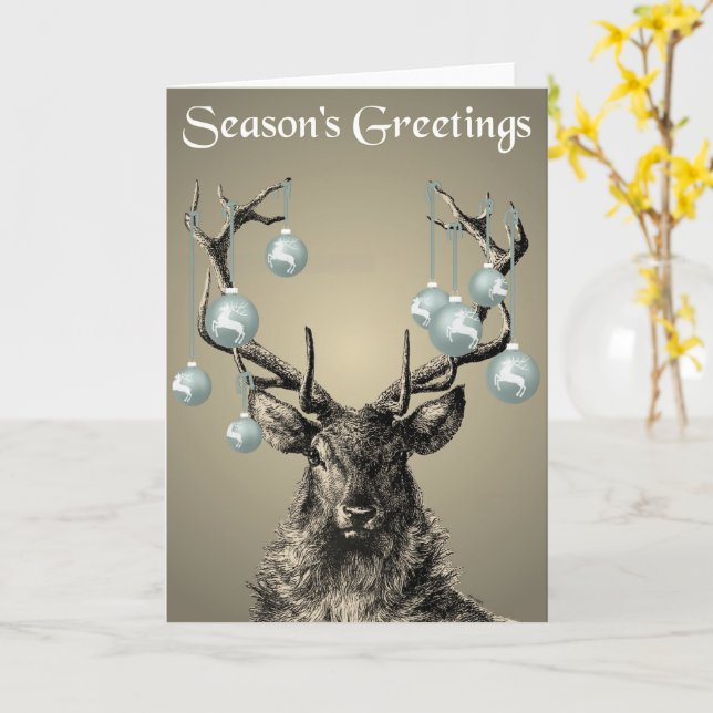 Stag, Antlers, Reindeer, Baubles, Gothic Christmas Card (Yellow Flower)