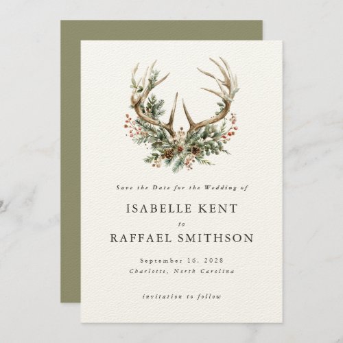 Stag Antlers Rustic Winter Floral Greenery Wedding Save The Date