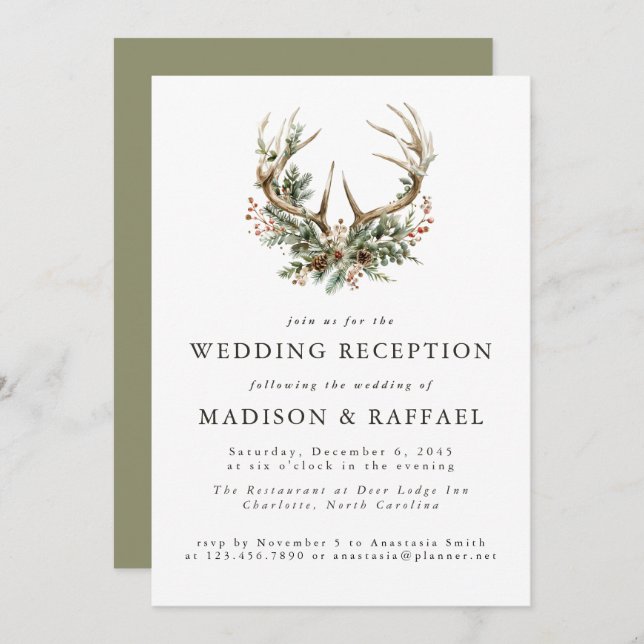 Stag Antlers Rustic Winter Wedding Reception Invitation (Front/Back)