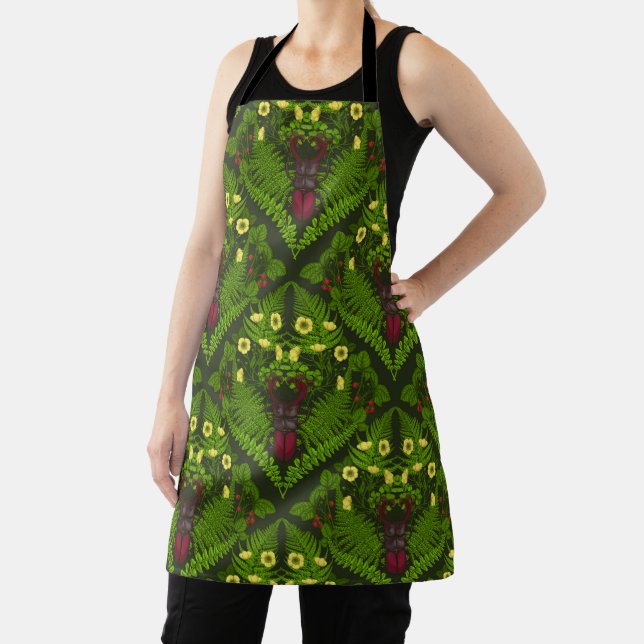 Stag beetle and ferns, green leaves apron (Insitu)
