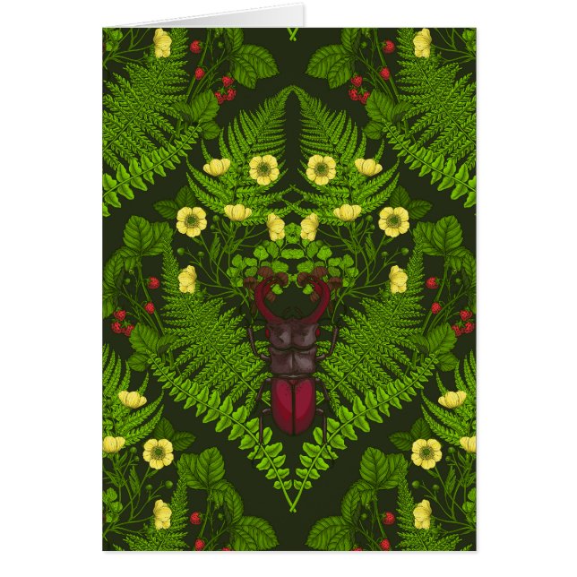 Stag beetle and ferns, green leaves cards (Front)