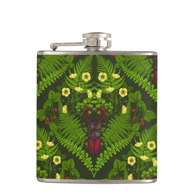 Stag beetle and ferns, green leaves flask (Front)