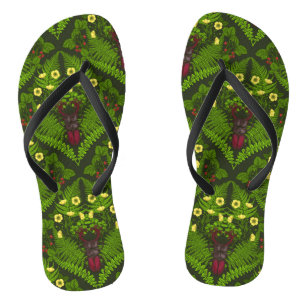 Stag beetle and ferns, green leaves flip flops