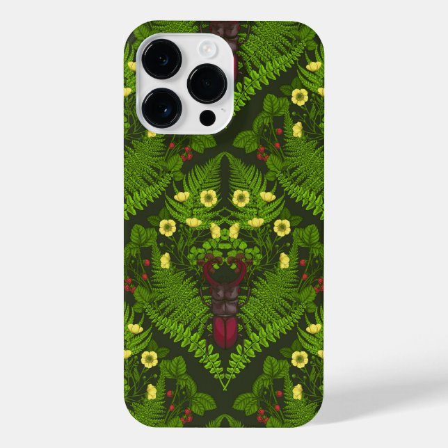 Stag beetle and ferns, green leaves iPhone case (Back)