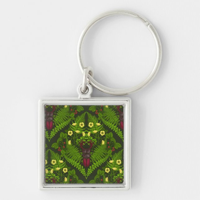Stag beetle and ferns, green leaves keychain (Front)