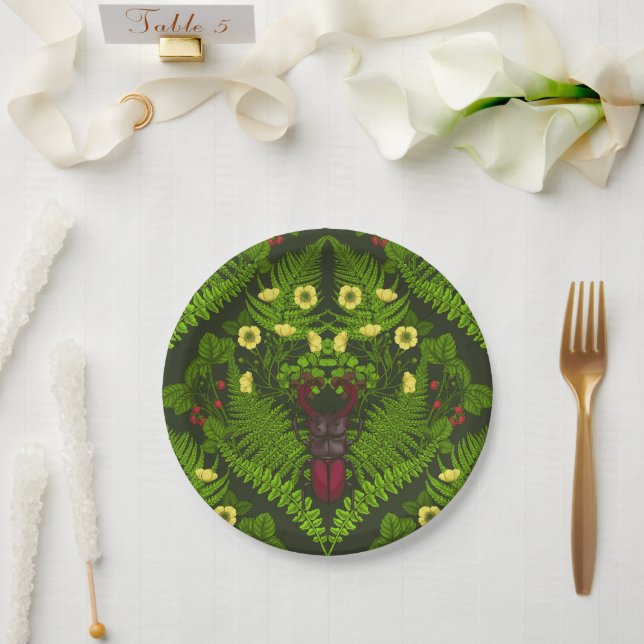 Stag beetle and ferns, green leaves paper plates (Wedding)