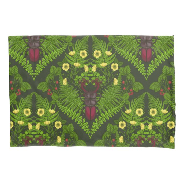 Stag beetle and ferns, green leaves pillow case (Front-Left)