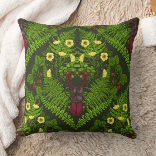 Stag beetle and ferns green leaves throw pillow