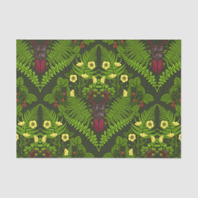 Stag beetle and ferns, green leaves tissue paper (Front)