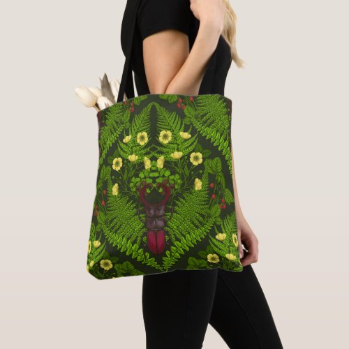 Stag beetle and ferns green leaves tote bag