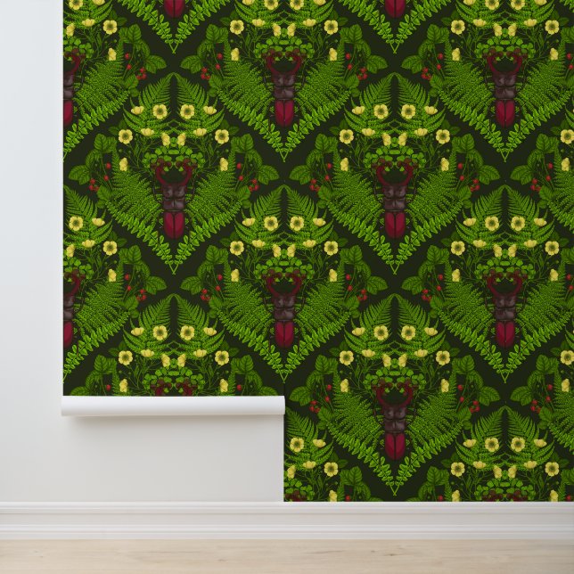 Stag beetle and ferns, green leaves wallpaper  (Application)