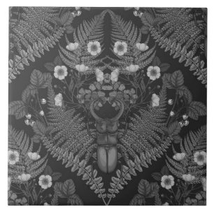 Stag beetle and ferns, in black and white ceramic tile