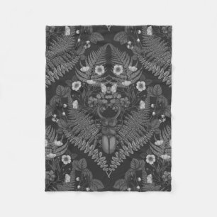 Stag beetle and ferns, in black and white fleece blanket