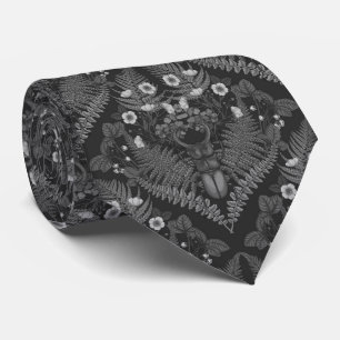 Stag beetle and ferns, in black and white neck tie