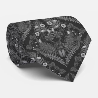 Stag beetle and ferns, in black and white neck tie