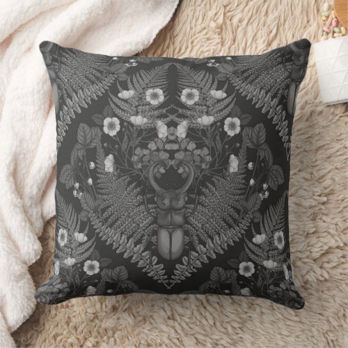 Stag beetle and ferns in black and white throw pillow