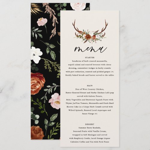 Stag black terracotta floral rustic elegant modern menu