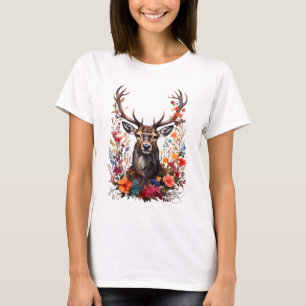Stag deer amongst colorful flower blossoms T-Shirt