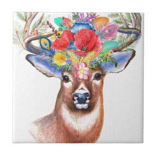 Stag Deer Antler Wildflower Floral Painting Ceramic Tile