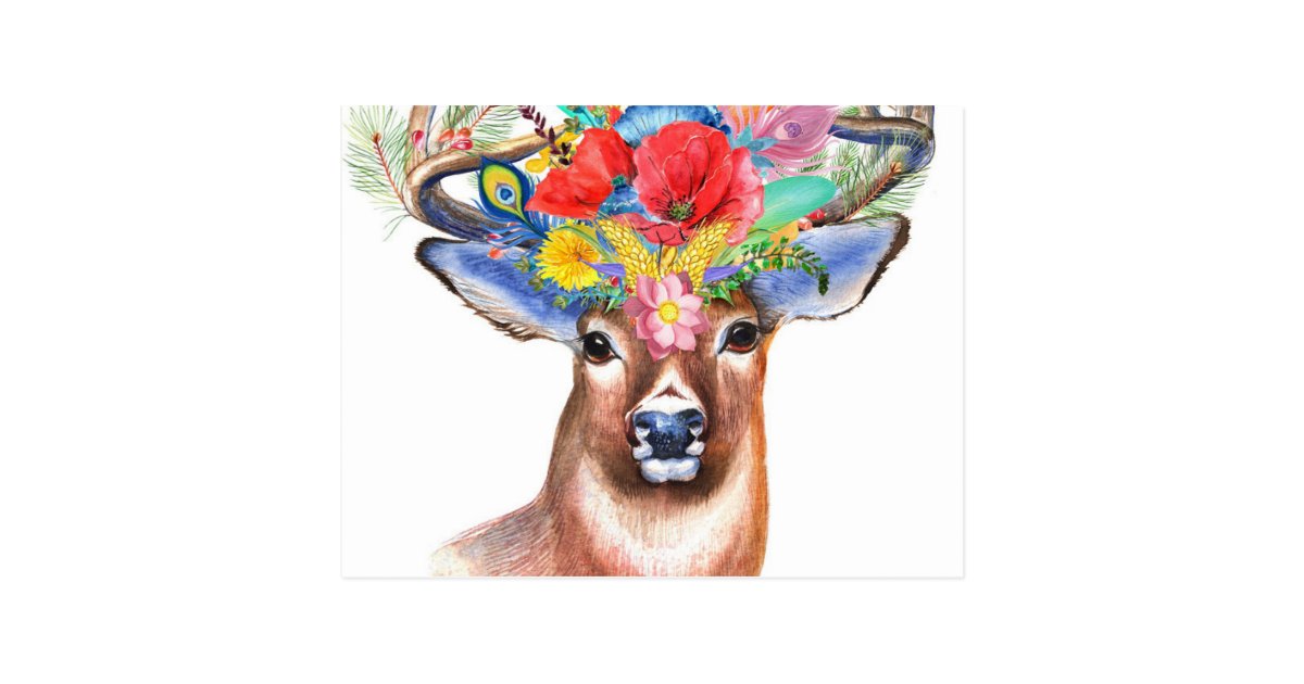 Stag Deer Antler Wildflower Floral Painting Postcard Zazzle Com