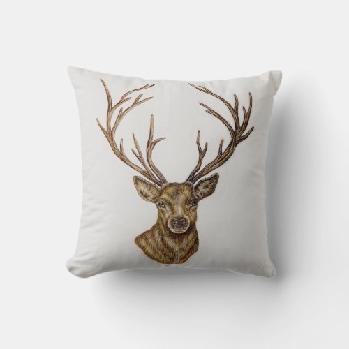 Stag Deer Drawing of Woodland Animal Art Throw Pillow