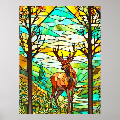 Stag Deer in Meadow Stained Glass Picture Poster