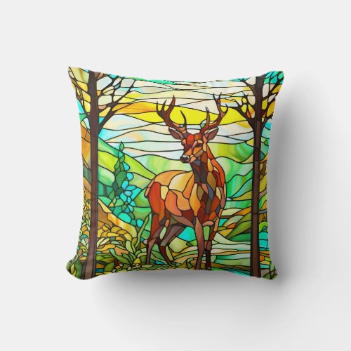 Stag Deer in Meadow Stained Glass Picture Throw Pillow